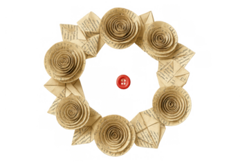 Vintage paper craft wreath creating a decorative frame with antique book page roses and a red button