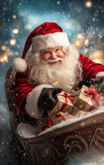 Santa gifts in a festive scene. A cheerful Santa in a sleigh full of gifts, set against a snowy backdrop and twinkling lights.