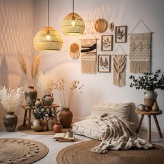 Bohemian living room decor with woven pendant lights artisanal wall hangings and textured furnishings