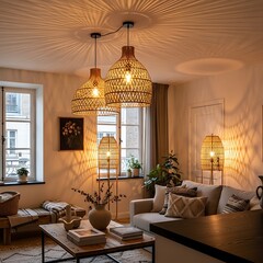 Cozy living room interior with pendant lights and natural elements
