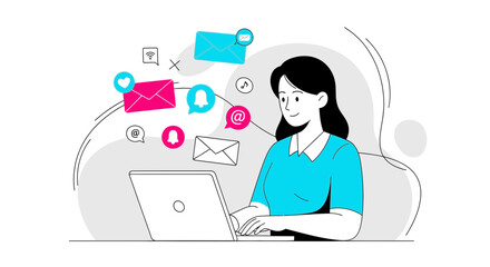 Woman Communicating Via Online Messaging on a Laptop, Sharing Information Globally