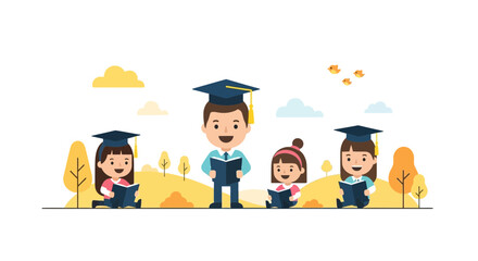 Obraz premium Joyful Students Celebrating Graduation Surrounded by a Peaceful and Artistic Natural Landscape