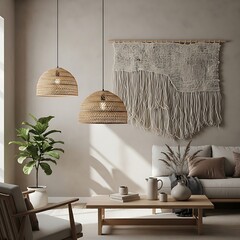 Bohemian living room interior design featuring natural textures and greenery for a cozy ambiance