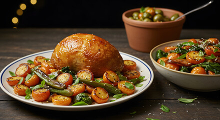 Delicious Roasted Chicken with Vegetables and Olives.