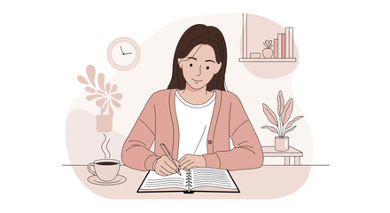Woman Enjoying Morning Coffee and Writing in Diary or Journal at Her Desk Space