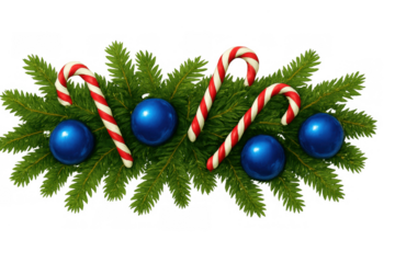 Christmas tree branches with blue ornaments and candy canes celebrating festive holiday season