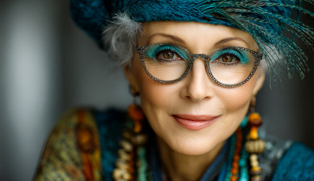 Chic older woman in vibrant style. A stylish older woman with colorful accessories smiles, reflecting her unique fashion and artistic flair.