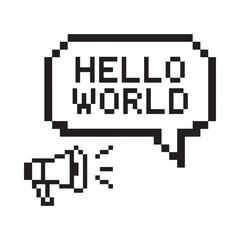 Pixel art megaphone announcing hello world in a speech bubble