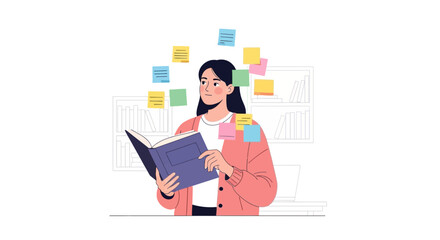 Woman Holding A Book With Notes Studying And Facing Difficulties In The Education Process