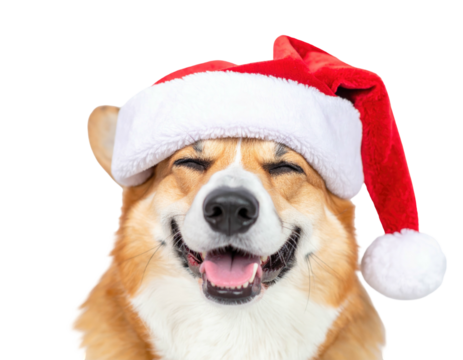 A happy corgi dog, wearing a red and white Santa hat, with eyes closed and smiling