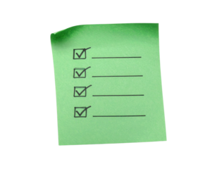 A green sticky note with checkboxes, three checked and one blank, indicating a completed to-do list.
