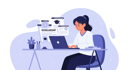 Woman Searching Online For Scholarships Using Laptop, Education Financial Concept