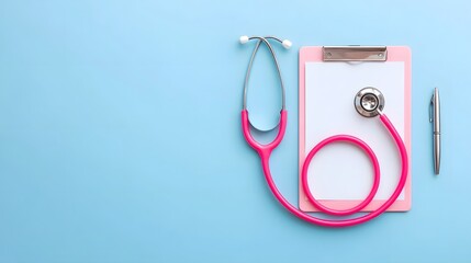 A top down view of a pink stethoscope a clipboard with blank white paper and a silver pen arranged neatly on a plain light blue background symbolizing professional medical care and diagnostic tools