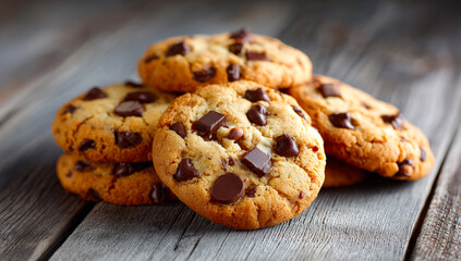 Warm chocolate chip cookies. Delicious chocolate chip cookies are stacked on a rustic wooden table, showcasing a warm and inviting treat.
