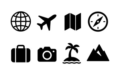 Travel icon set: globe, airplane, map, and more for adventure themes