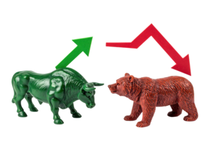 A bull and bear figurine represent market trends, with an upward green arrow for growth and a downward red arrow for decline.