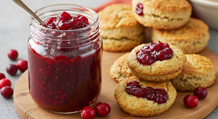 Delicious Cranberry Jam and Freshly Baked Scones on a Wooden Board.