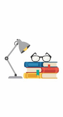 Desk lamp illuminating a stack of colorful books with reading glasses on top, symbolizing education and study.