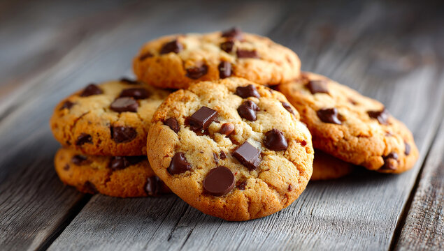 Warm chocolate chip cookies. Delicious chocolate chip cookies are stacked on a rustic wooden table, showcasing a warm and inviting treat.