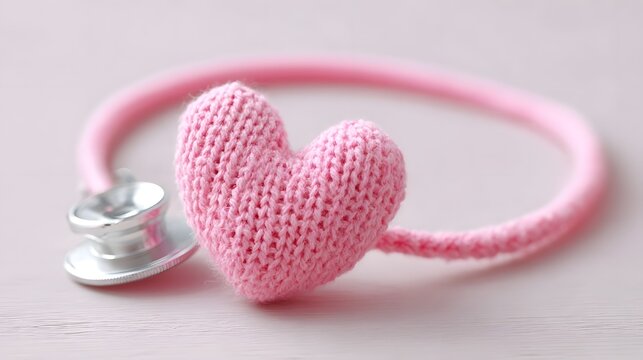 Close up of a soft pink knitted heart alongside a matching stethoscope representing compassionate healthcare love and well being with a gentle aesthetic - Powered by Adobe