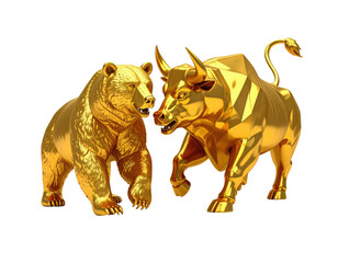 Fototapeta premium A golden bear and bull face each other, symbolizing market dynamics and competition in finance.