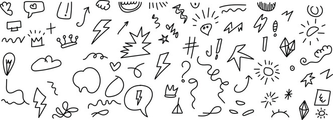 Simple doodle shapes and abstract symbols hand drawn on clean white background