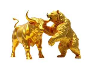 A golden bull and bear figurine represent market trends and financial concepts, showcasing strength and volatility in trading.