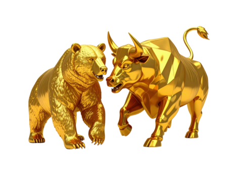 A golden bear and bull face each other, symbolizing market dynamics and competition in finance.