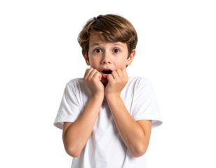 A shocked boy with wide eyes and a fearful expression holds his hands to his mouth, portraying a sense of surprise or fear.