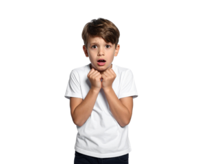A young boy with a concerned expression clutches his hands together, displaying fear or anxiety.