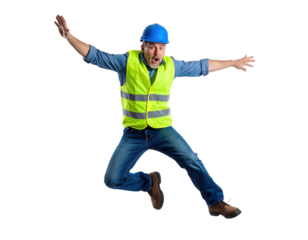 A man in a safety vest and hard hat is energetically jumping with excitement, showcasing a lively and dynamic pose.