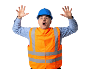A surprised construction worker, wearing an orange safety vest and blue hard hat, raises his hands in shock.