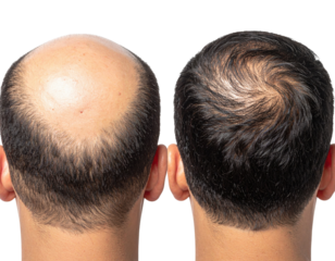 The image displays two human heads from the back, showcasing differing degrees of hair loss and hair regrowth.