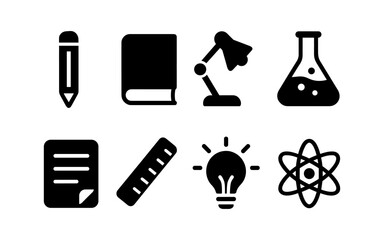 Obraz premium Education icons set: pencil, book, lamp, beaker, paper, ruler, lightbulb, atom