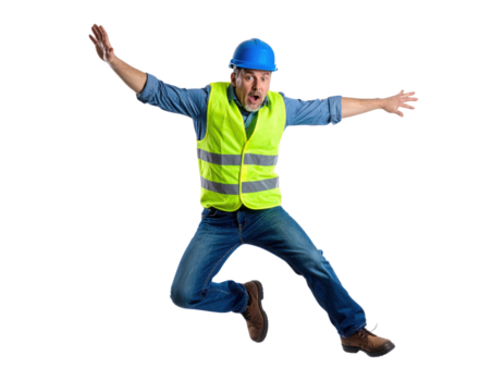 A man in a safety vest and hard hat is energetically jumping with excitement, showcasing a lively and dynamic pose.