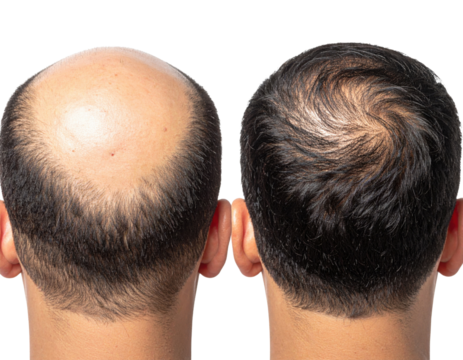 The image displays two human heads from the back, showcasing differing degrees of hair loss and hair regrowth.