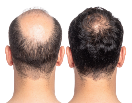 The image shows a comparison of two male heads, one with significant hair loss and the other with a full head of hair.