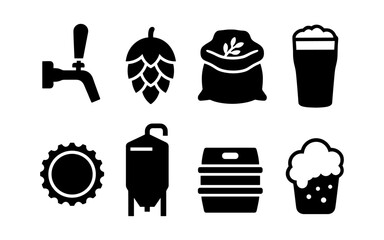Craft beer icons: brewing equipment and ingredients in bold silhouette style