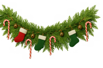 Christmas garland decorating with festive stockings, candy canes, and jingle bells on evergreen branches