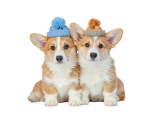 Two adorable corgi puppies wearing knitted hats, displaying a playful and charming demeanor.