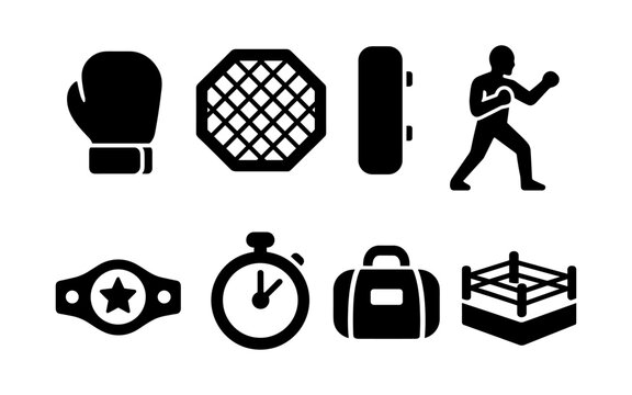 Boxing and mma icon set: gloves, ring, fighter, timer, belt