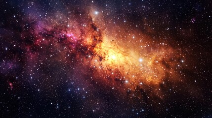 A vibrant, colorful nebula with a mix of warm and cool colors, set against a starry backdrop. The nebula appears to be a galaxy, with a central bright spot and a surrounding halo of stars. 