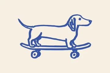 Gordijnen Skateboard dachshund on skateboard naive hand-drawn sketch line art vector illustration  © Victoria
