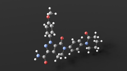 apixaban molecule 3d, molecular structure, ball and stick model, structural chemical formula anticoagulant