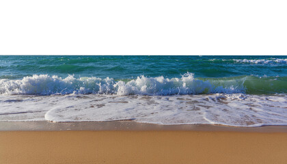 A serene beach scene with gentle waves lapping onto the sandy shore under a bright blue sky.