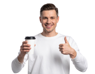 A smiling man holds a coffee cup while giving a thumbs-up, conveying positivity and satisfaction.
