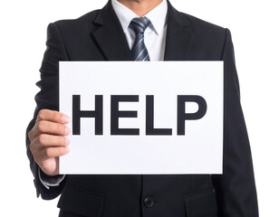 A man in a suit holds a sign that boldly displays the word "HELP" in large letters.