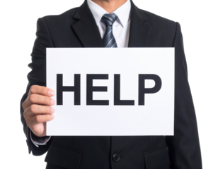 A man in a suit holds a sign that boldly displays the word "HELP" in large letters.