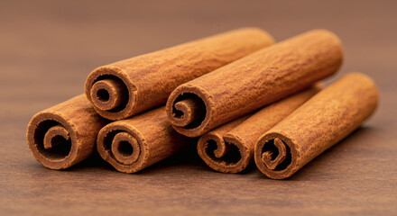 Aromatic cinnamon sticks piled on a wooden surface, perfect for culinary inspiration and warm baking recipes