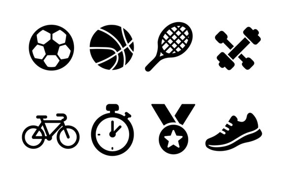 Silhouette icons of popular sports and fitness equipment for active lifestyle designs